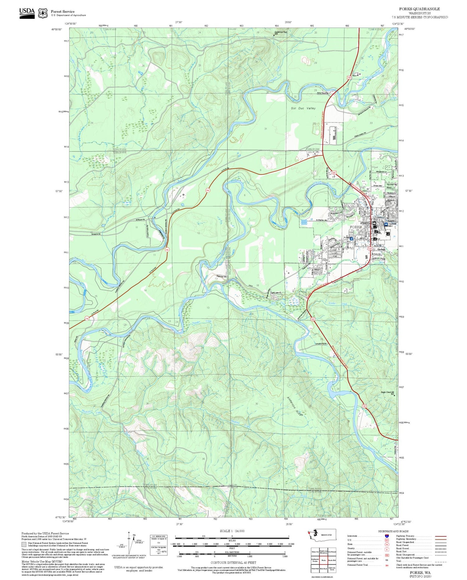 2025 Forest Service Topo Map of Forks Washington