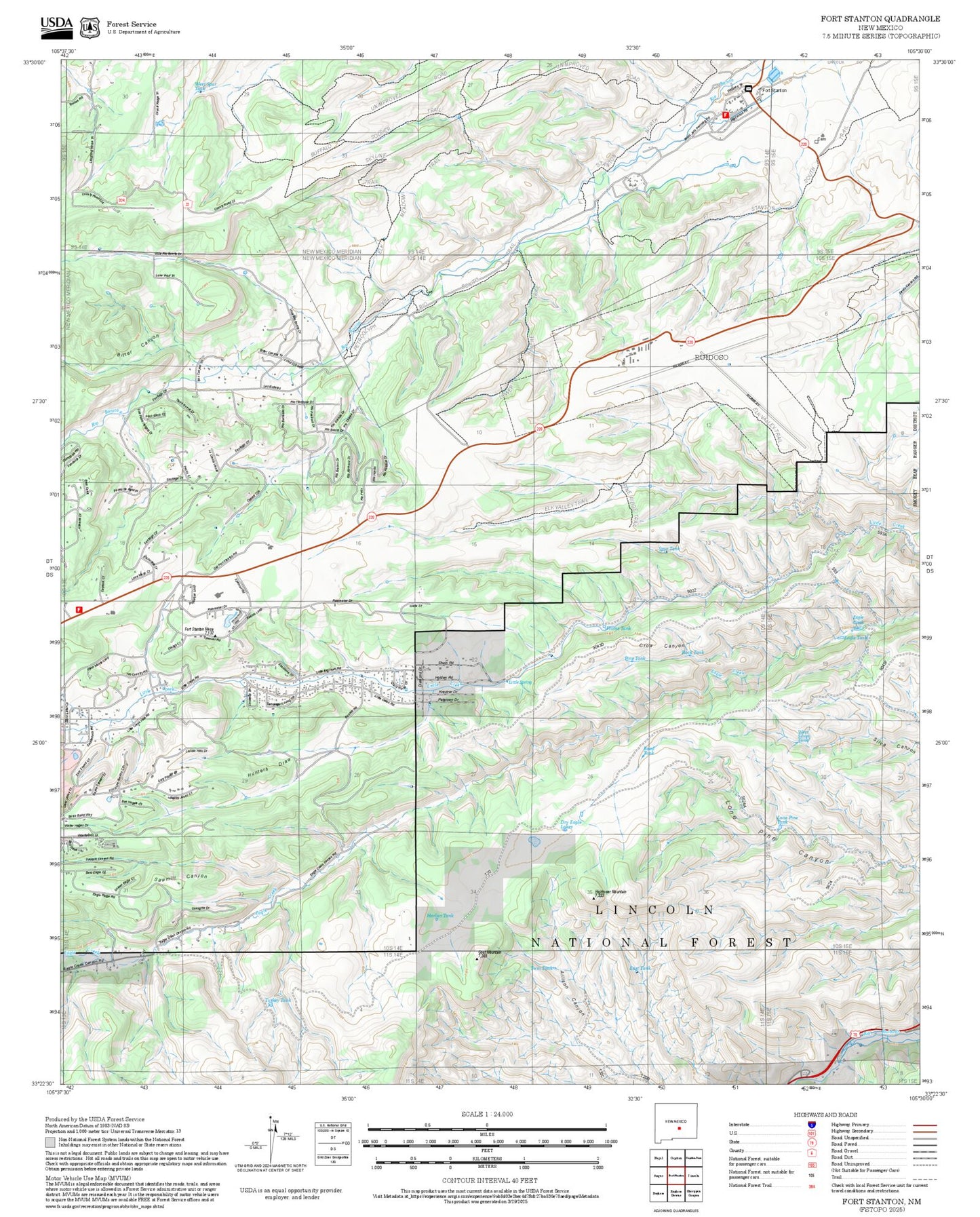 2025 Forest Service Topo Map of Fort Stanton New Mexico