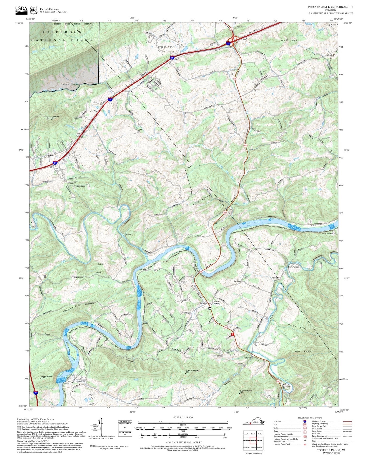 2025 Forest Service Topo Map of Fosters Falls Virginia