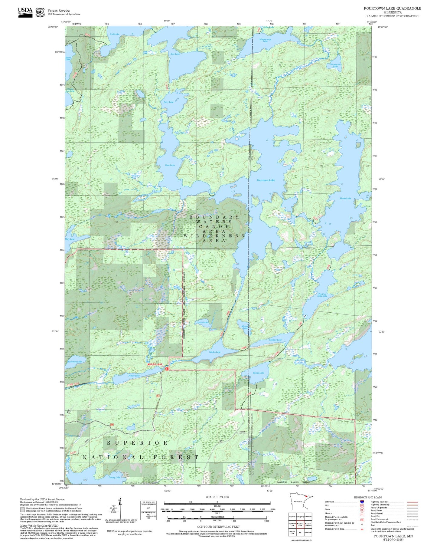 2025 Forest Service Topo Map of Fourtown Lake Minnesota