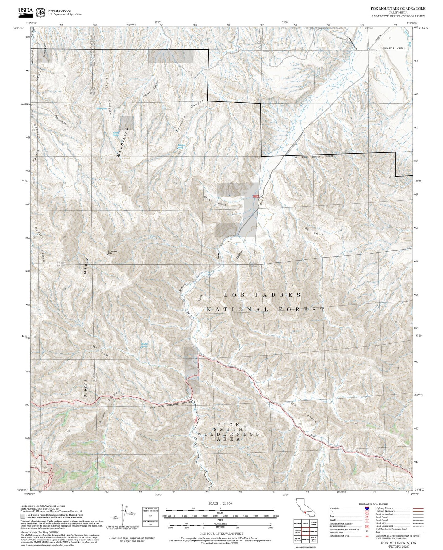 2025 Forest Service Topo Map of Fox Mountain California