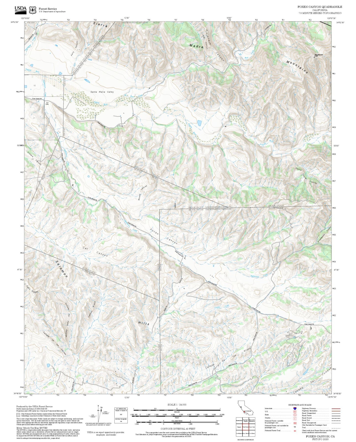 2025 Forest Service Topo Map of Foxen Canyon California