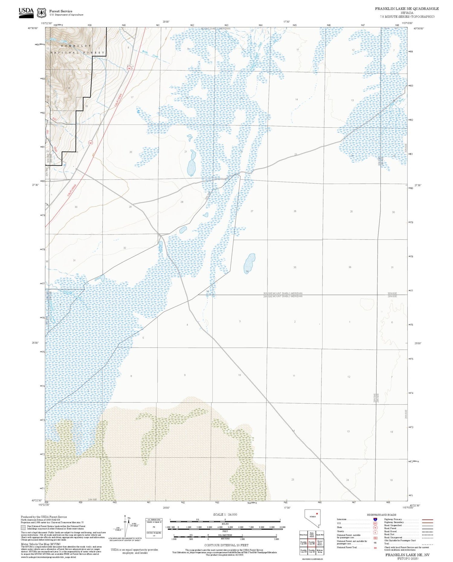 2025 Forest Service Topo Map of Franklin Lake NE Nevada