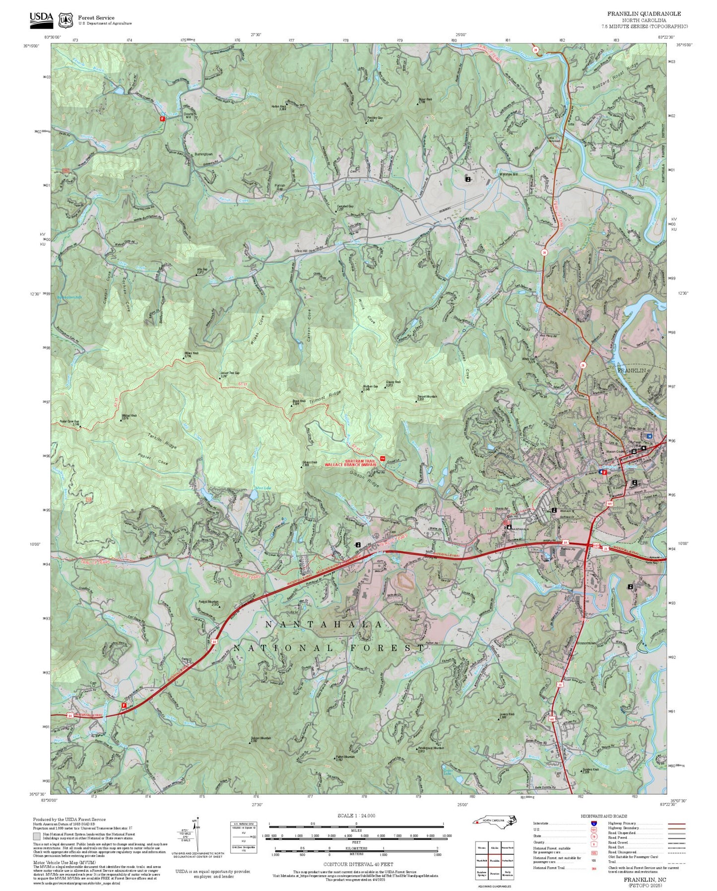 2025 Forest Service Topo Map of Franklin North Carolina