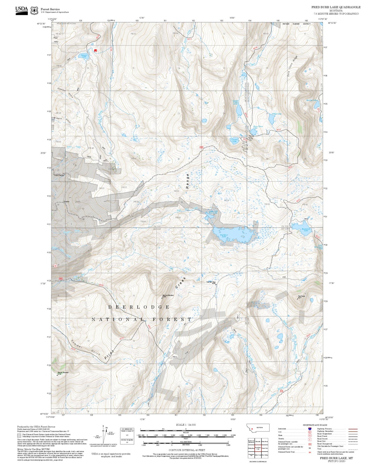 2025 Forest Service Topo Map of Fred Burr Lake Montana