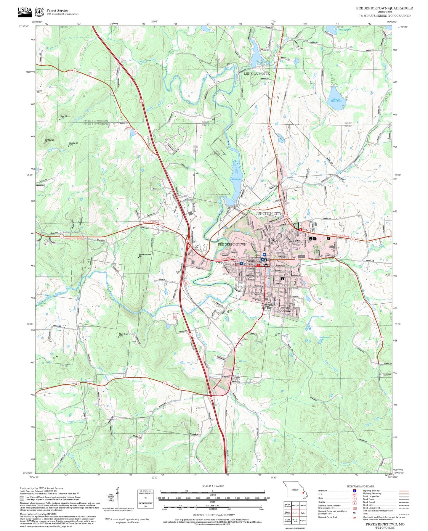 2025 Forest Service Topo Map of Fredericktown Missouri