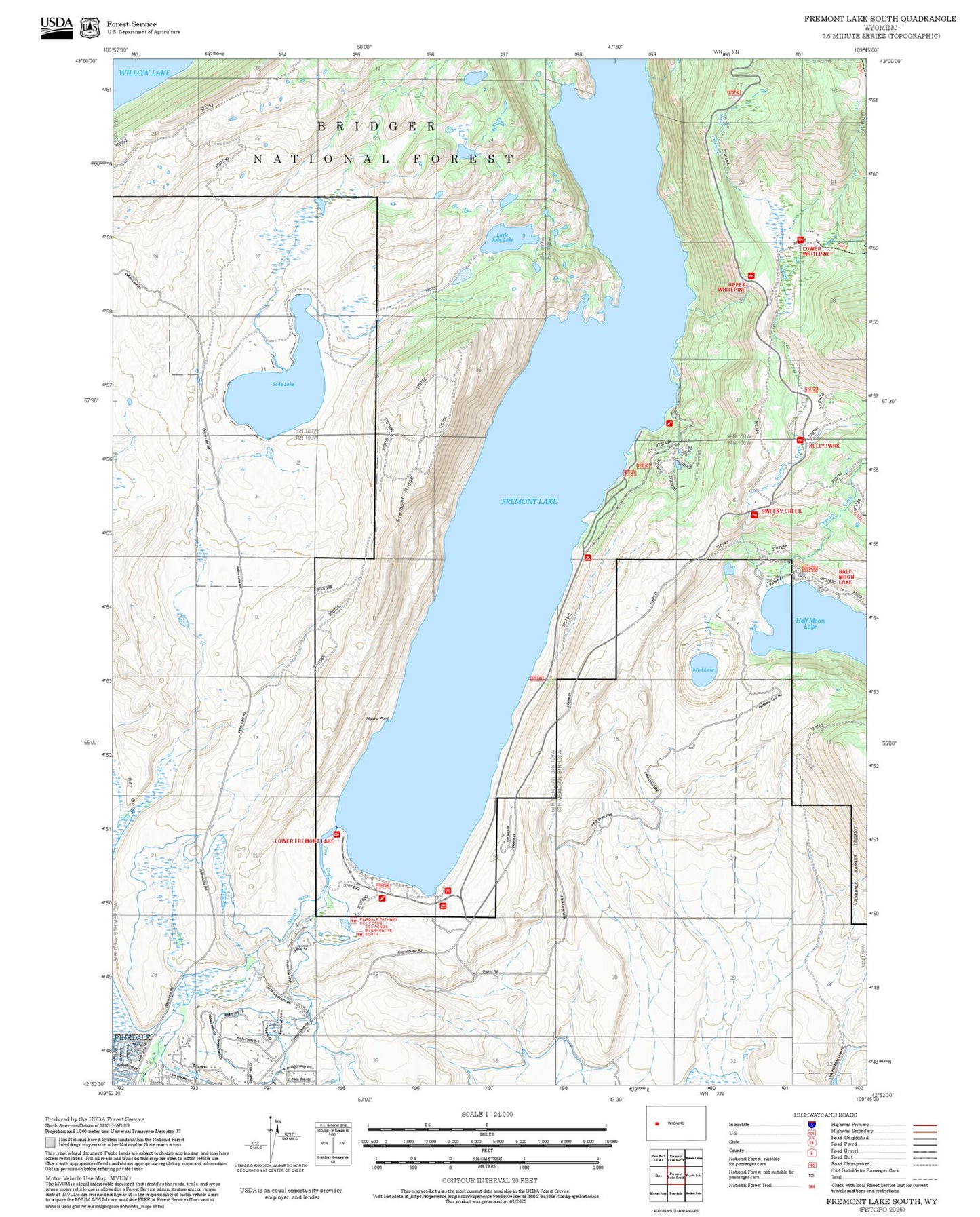 2025 Forest Service Topo Map of Fremont Lake South Wyoming