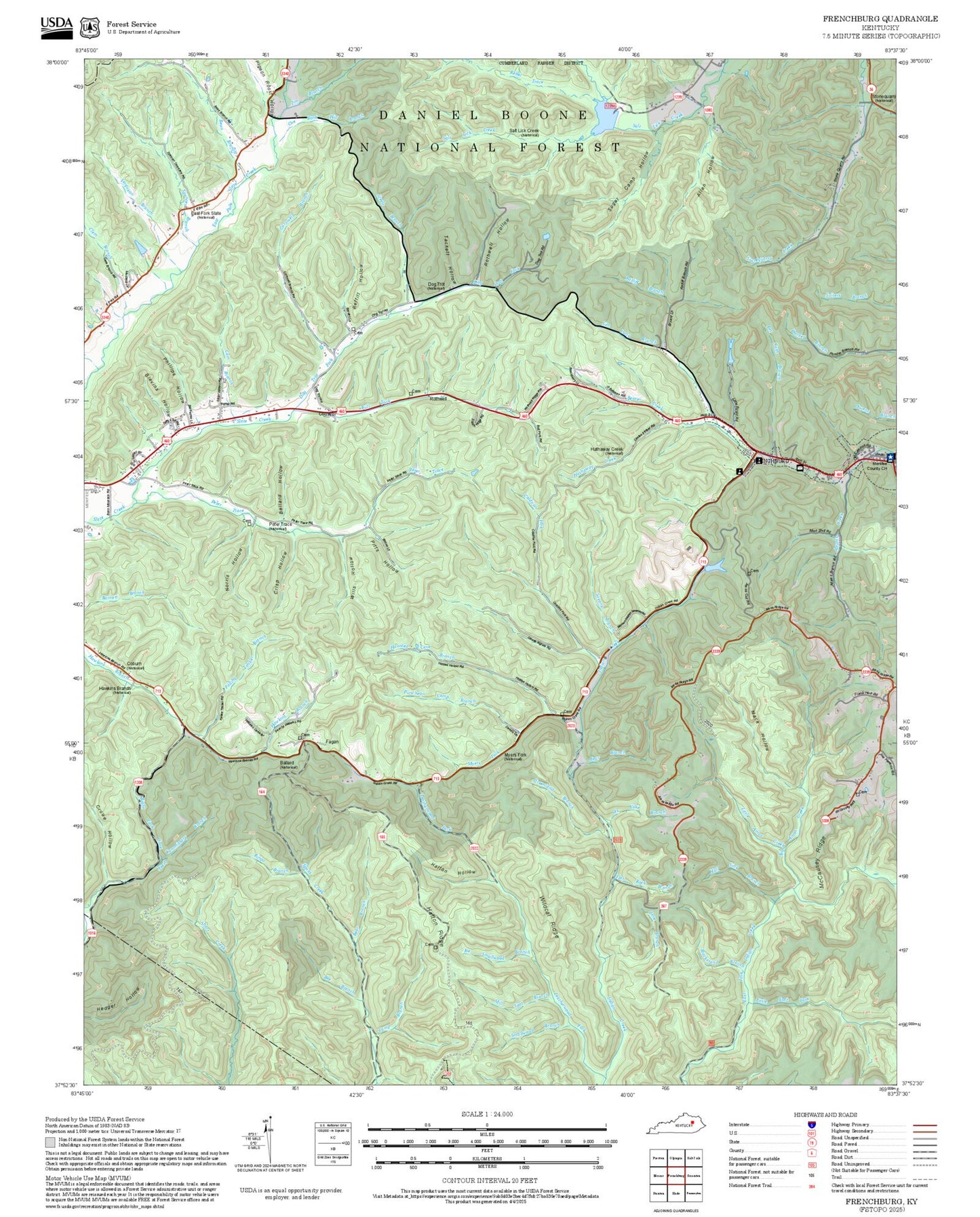 2025 Forest Service Topo Map of Frenchburg Kentucky