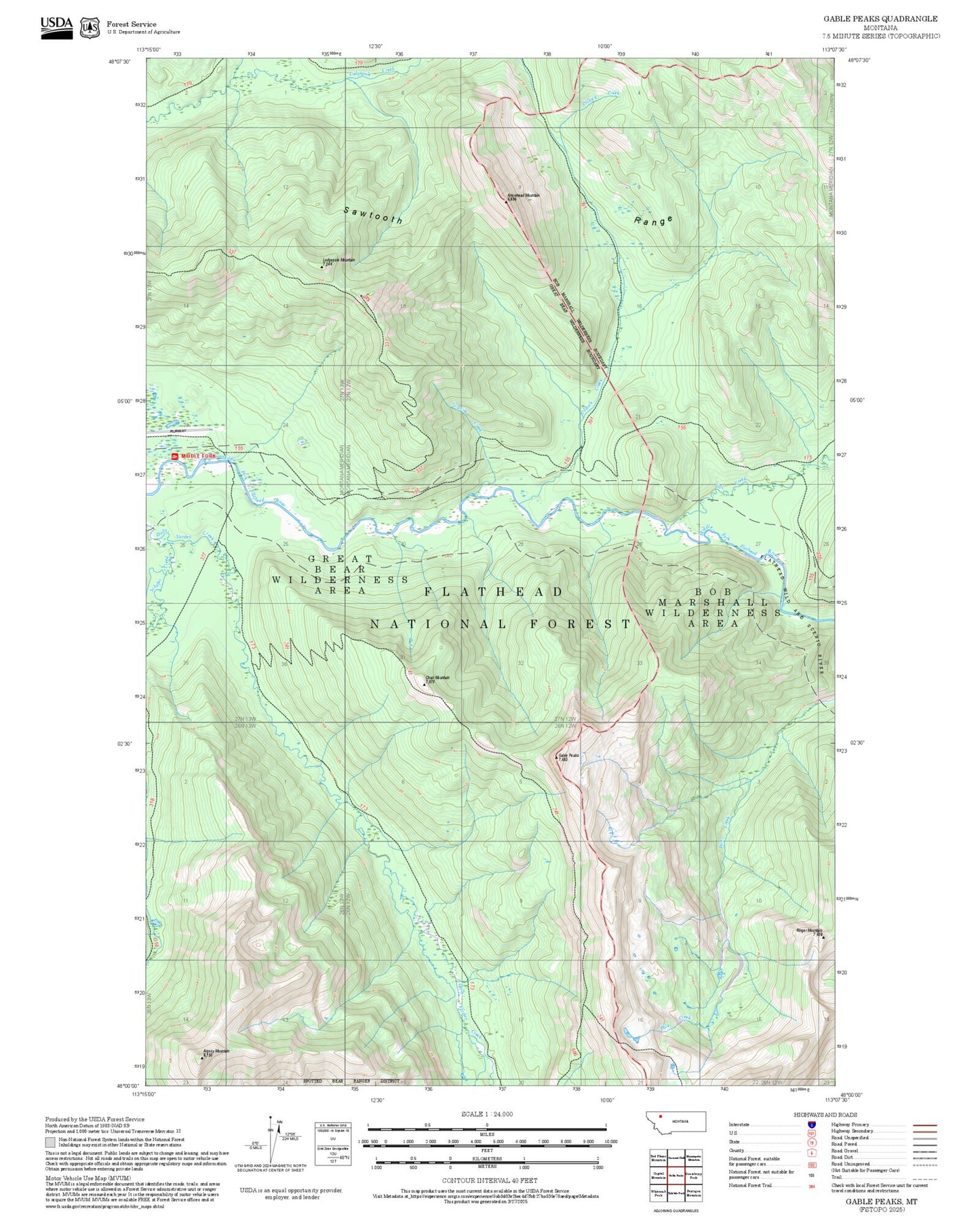 2025 Forest Service Topo Map of Gable Peaks Montana