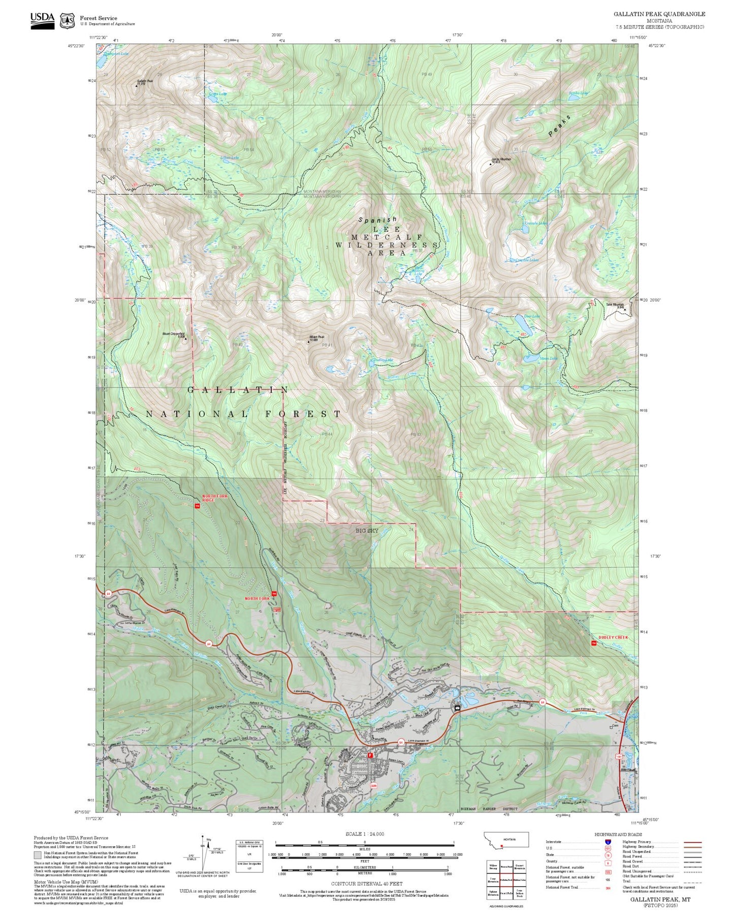 2025 Forest Service Topo Map of Gallatin Peak Montana