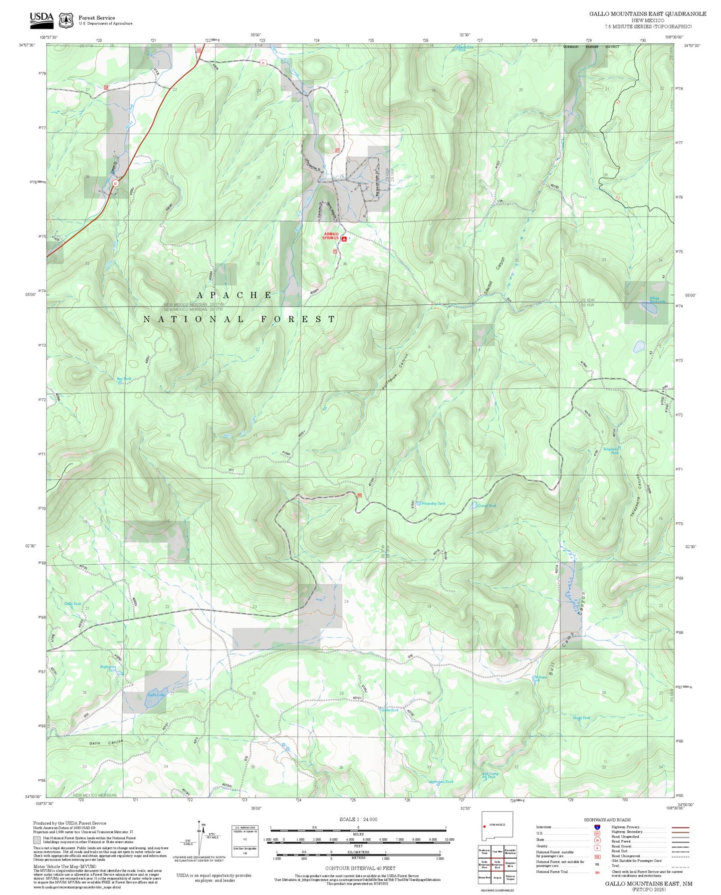 2025 Forest Service Topo Map of Gallo Mountains East New Mexico