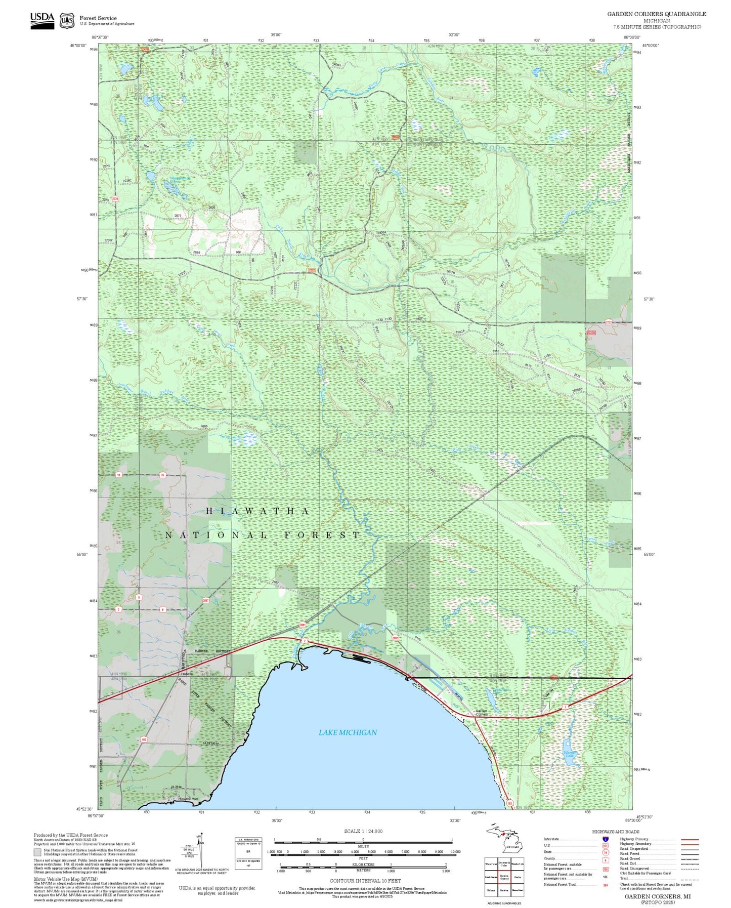 2025 Forest Service Topo Map of Garden Corners Michigan