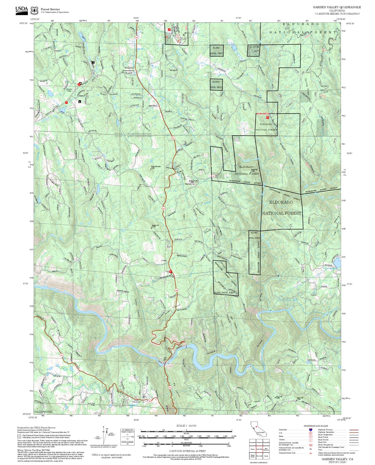 2025 Forest Service Topo Map of Garden Valley California