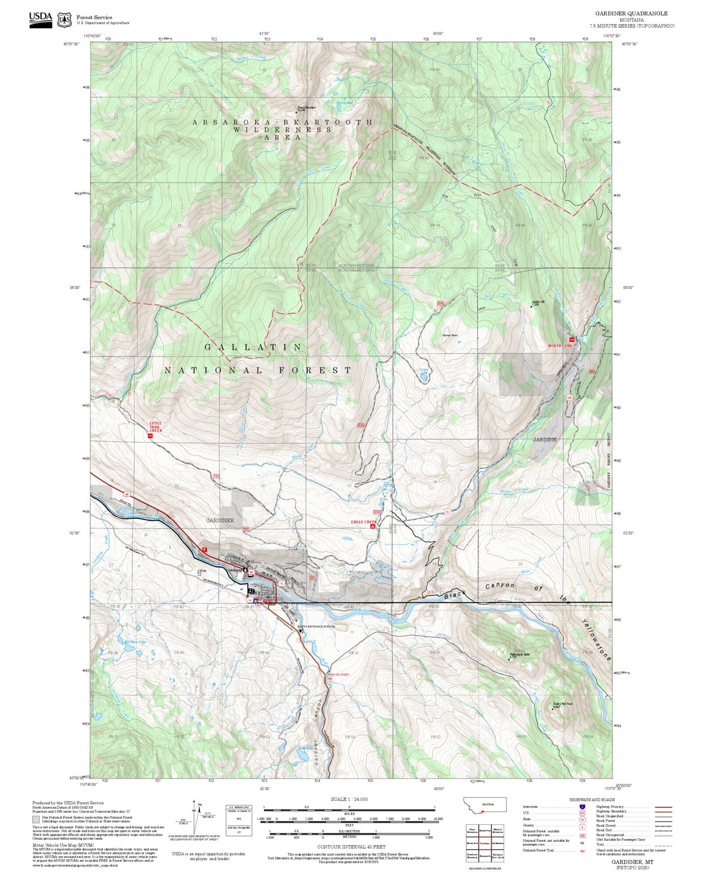 2025 Forest Service Topo Map of Gardiner Montana