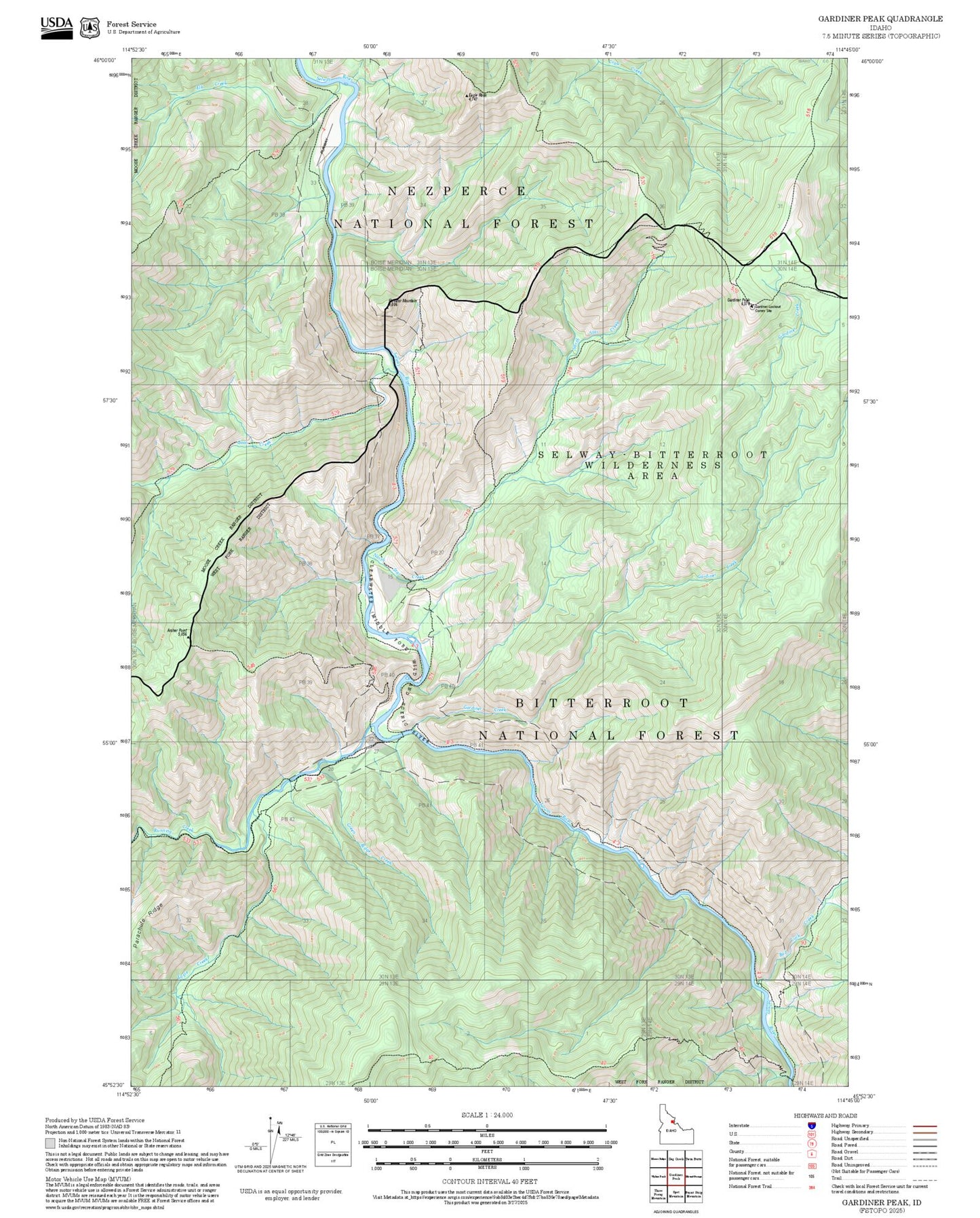 2025 Forest Service Topo Map of Gardiner Peak Idaho