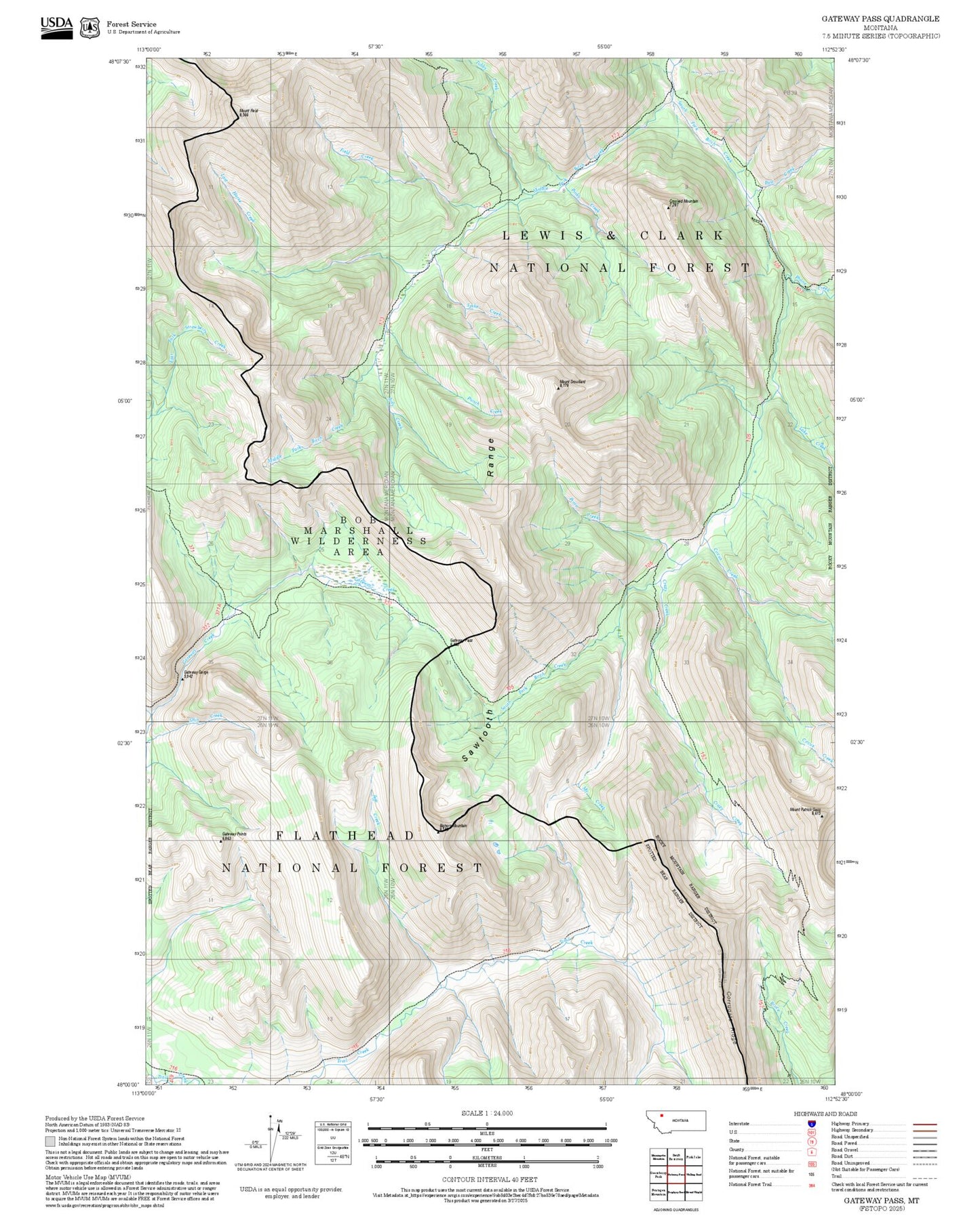 2025 Forest Service Topo Map of Gateway Pass Montana