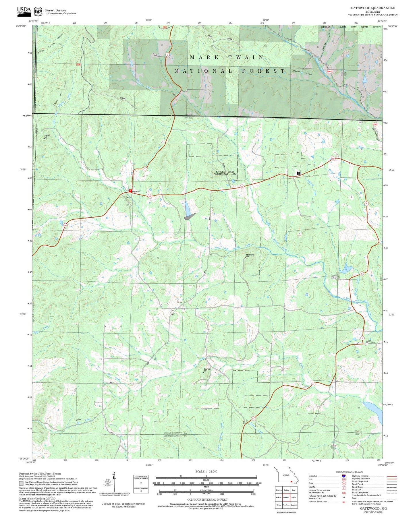 2025 Forest Service Topo Map of Gatewood Missouri
