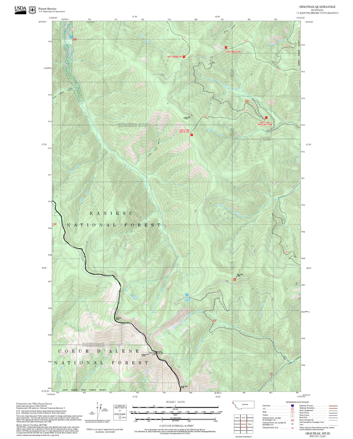 2025 Forest Service Topo Map of Gem Peak Montana