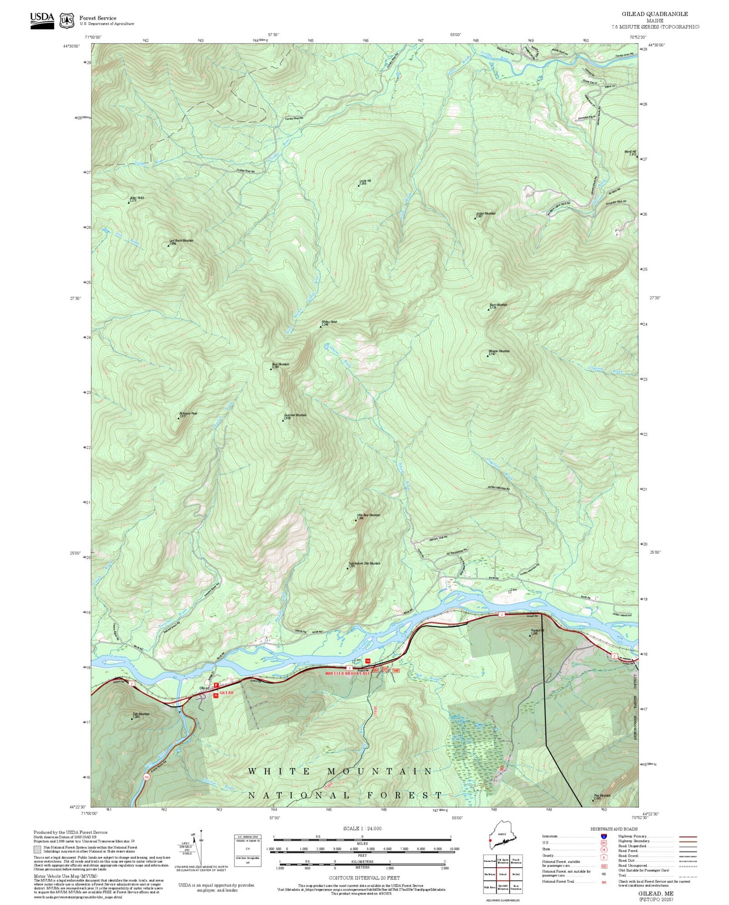 2025 Forest Service Topo Map of Gilead Maine
