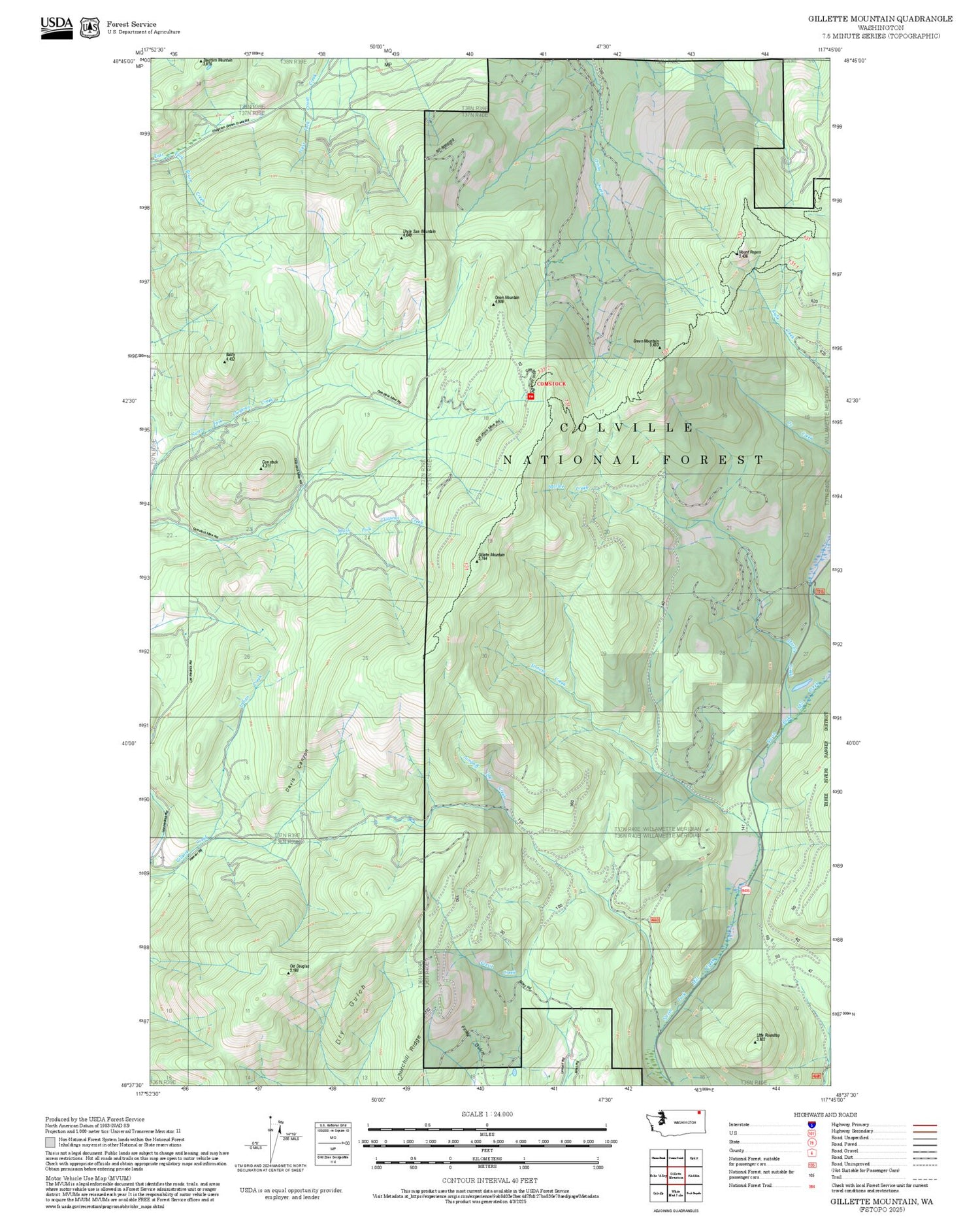 2025 Forest Service Topo Map of Gillette Mountain Washington