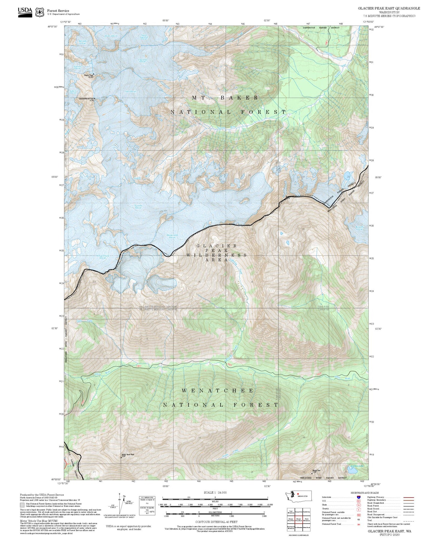 2025 Forest Service Topo Map of Glacier Peak East Washington