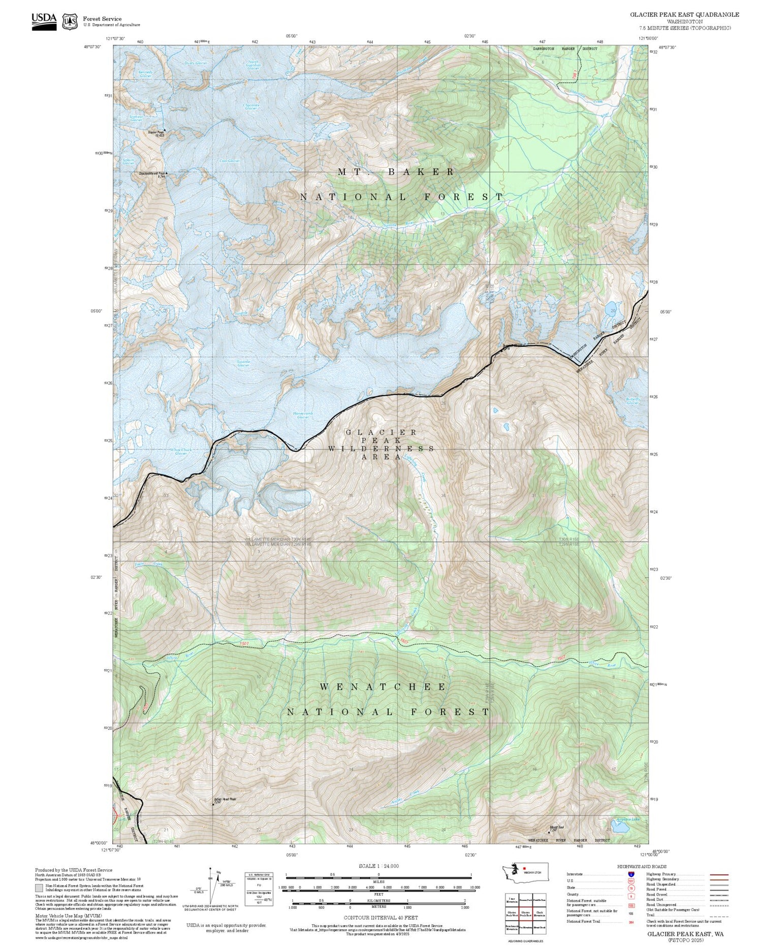 2025 Forest Service Topo Map of Glacier Peak East Washington