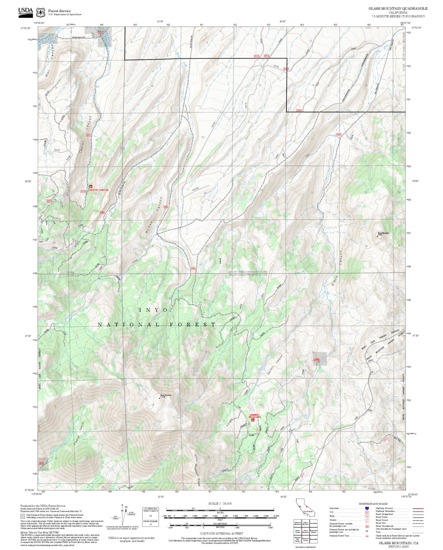 2025 Forest Service Topo Map of Glass Mountain California