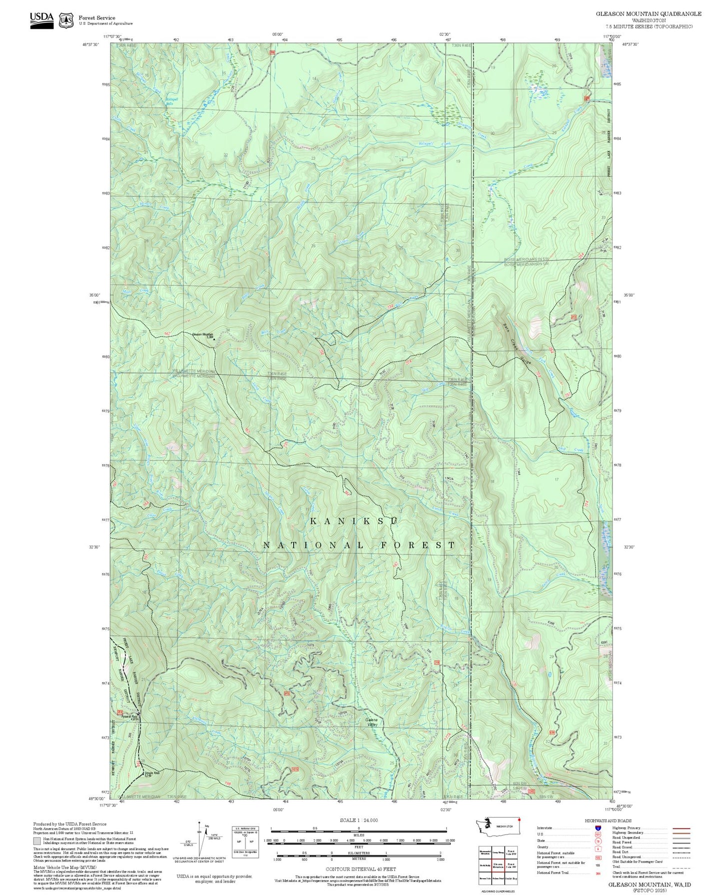 2025 Forest Service Topo Map of Gleason Mountain Washington