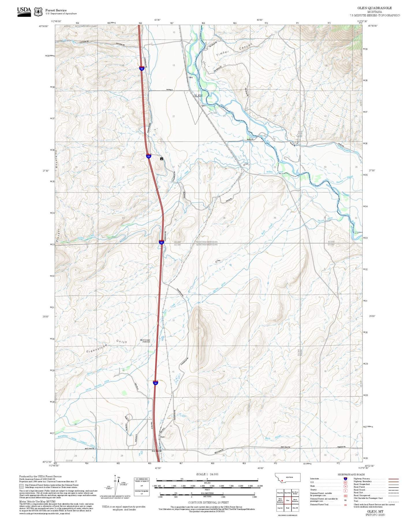 2025 Forest Service Topo Map of Glen Montana