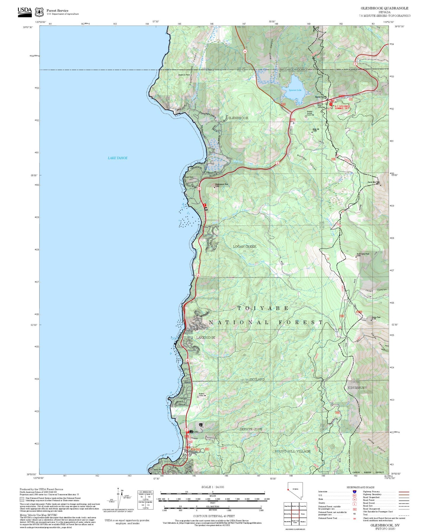 2025 Forest Service Topo Map of Glenbrook Nevada