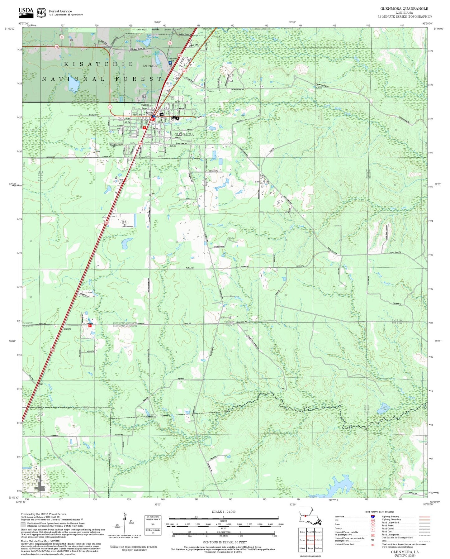 2025 Forest Service Topo Map of Glenmora Louisiana