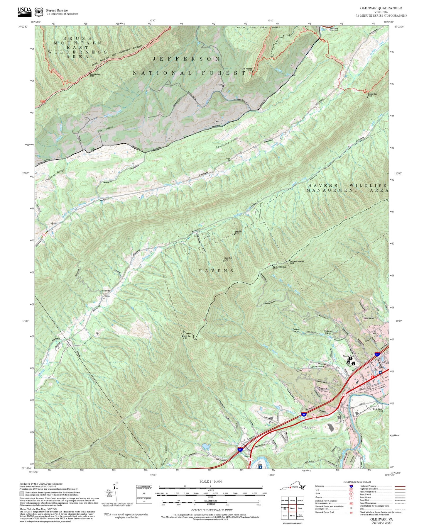 2025 Forest Service Topo Map of Glenvar Virginia