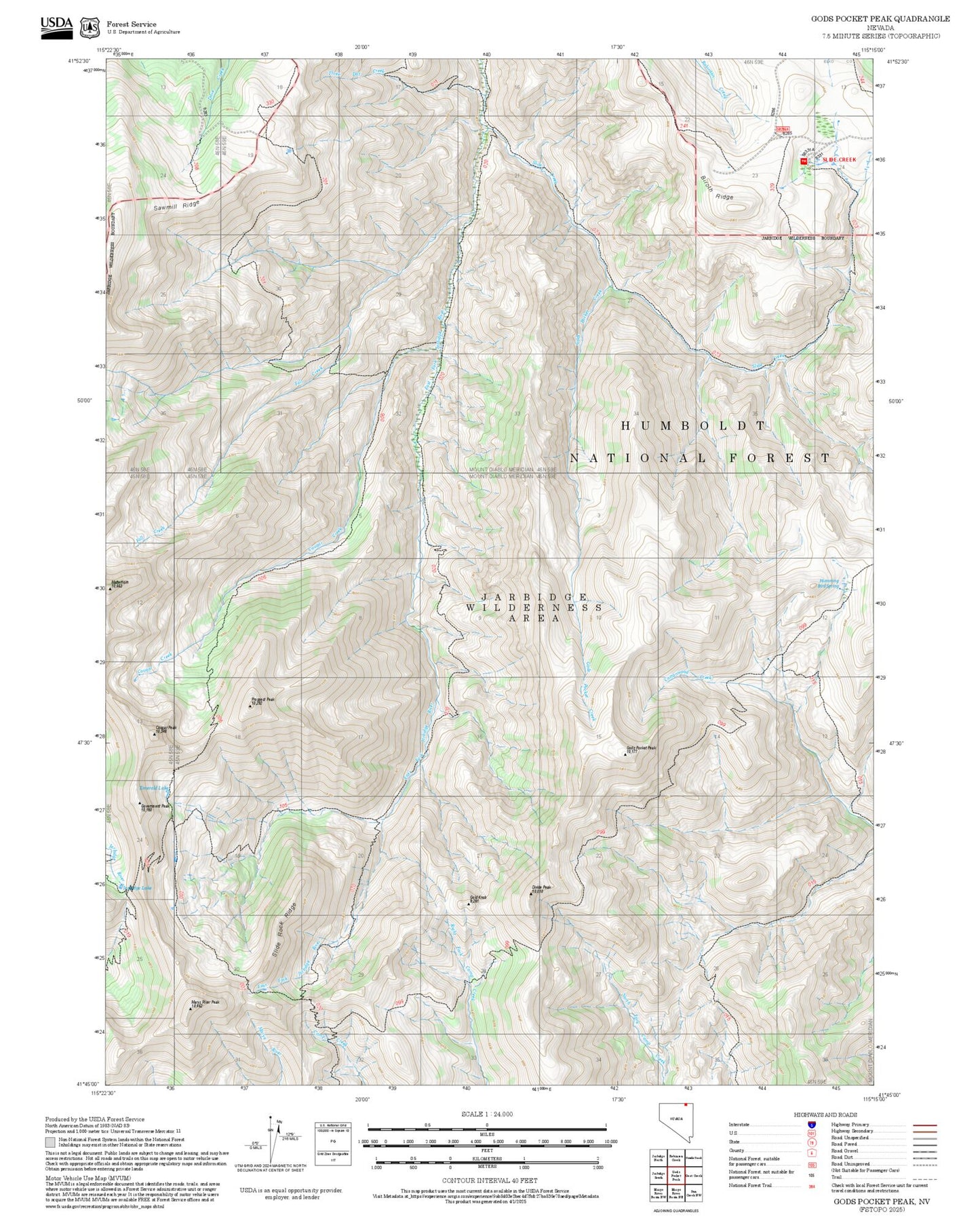 2025 Forest Service Topo Map of Gods Pocket Peak Nevada