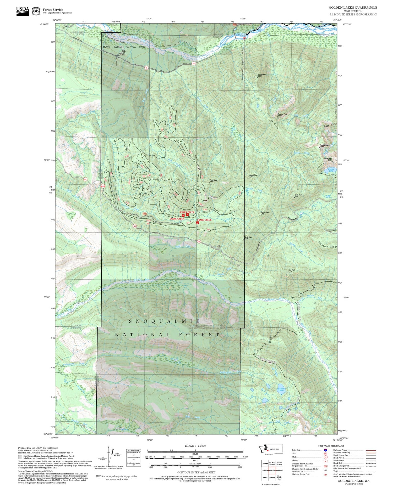 2025 Forest Service Topo Map of Golden Lakes Washington