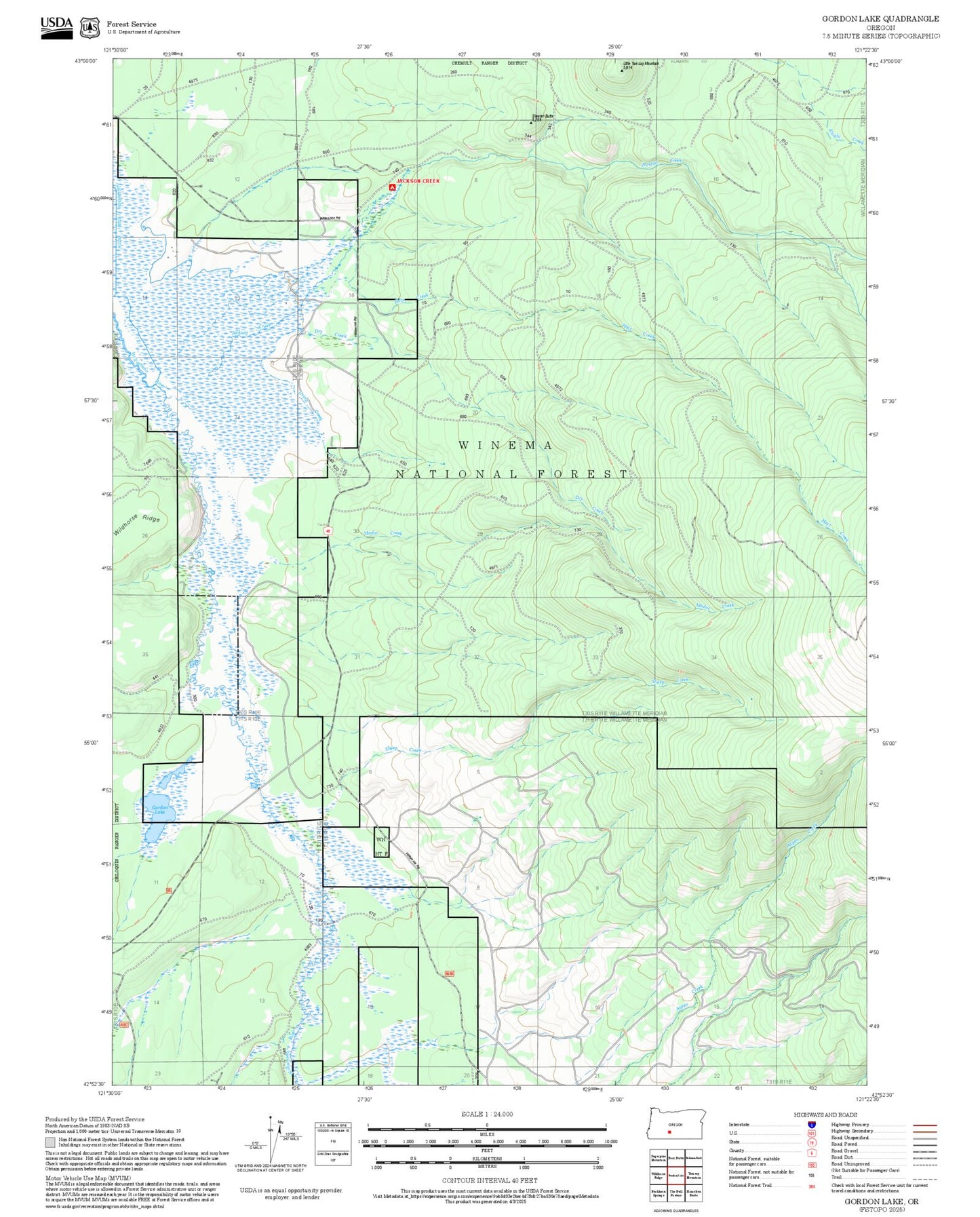 2025 Forest Service Topo Map of Gordon Lake Oregon