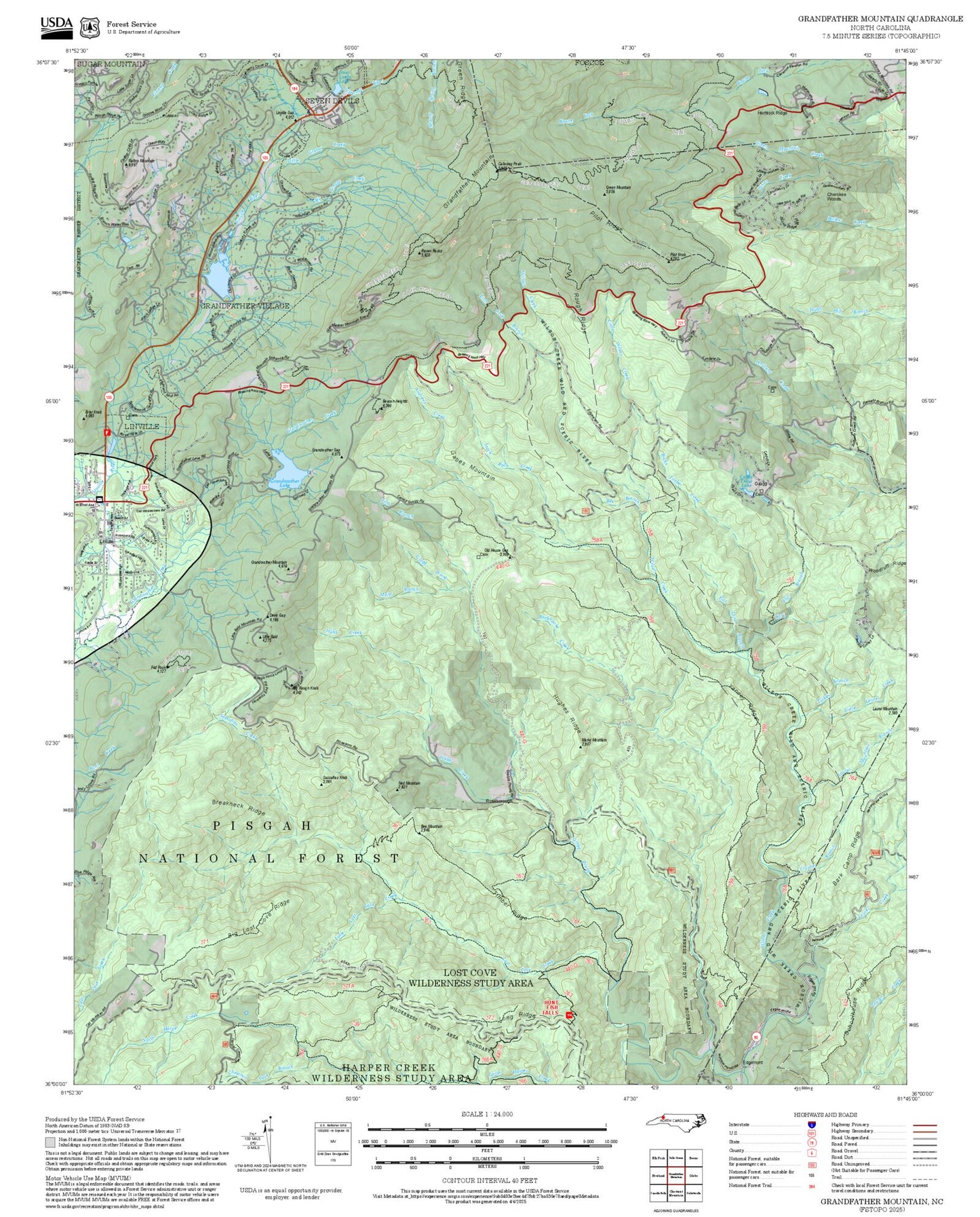 2025 Forest Service Topo Map of Grandfather Mountain North Carolina