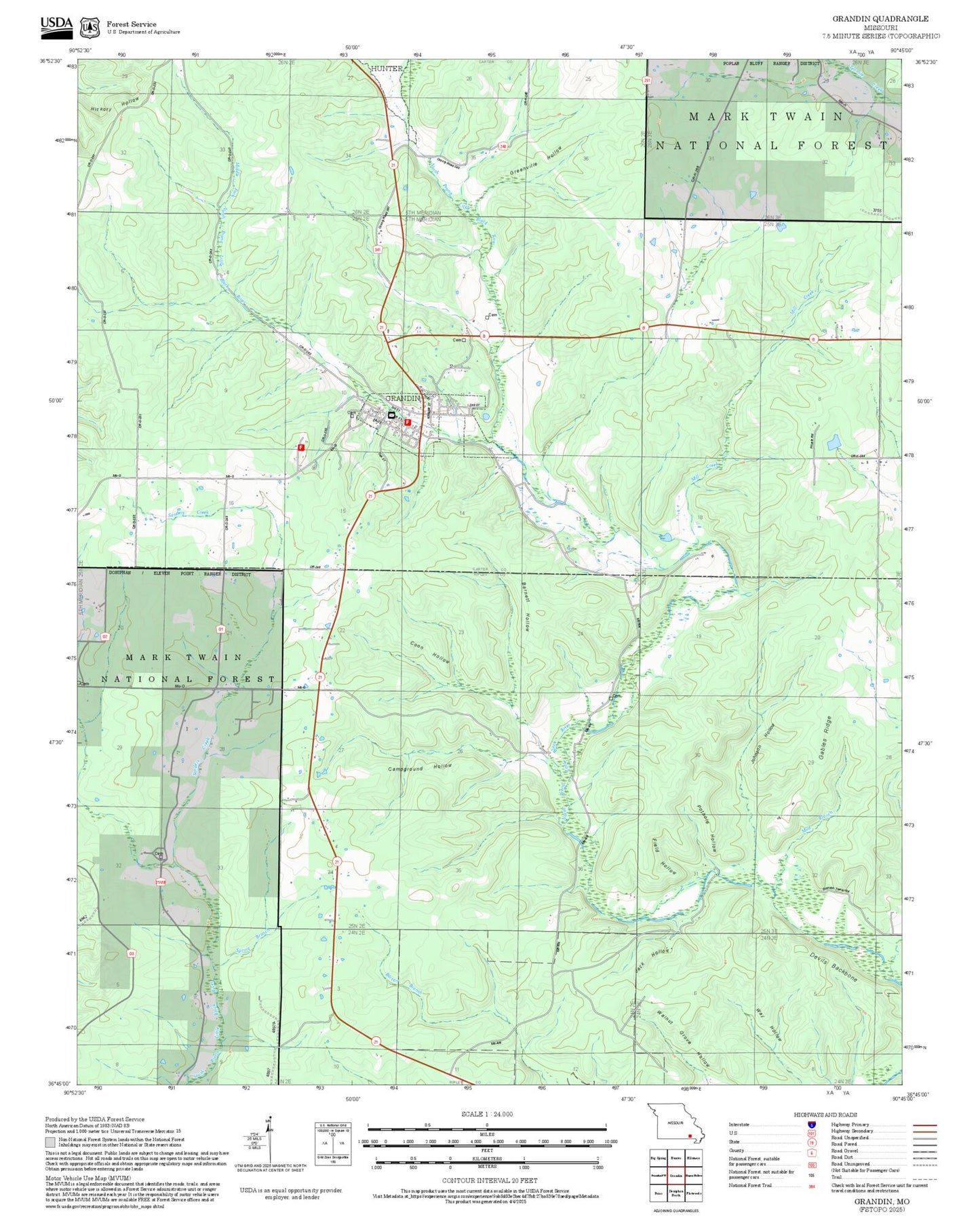 2025 Forest Service Topo Map of Grandin Missouri