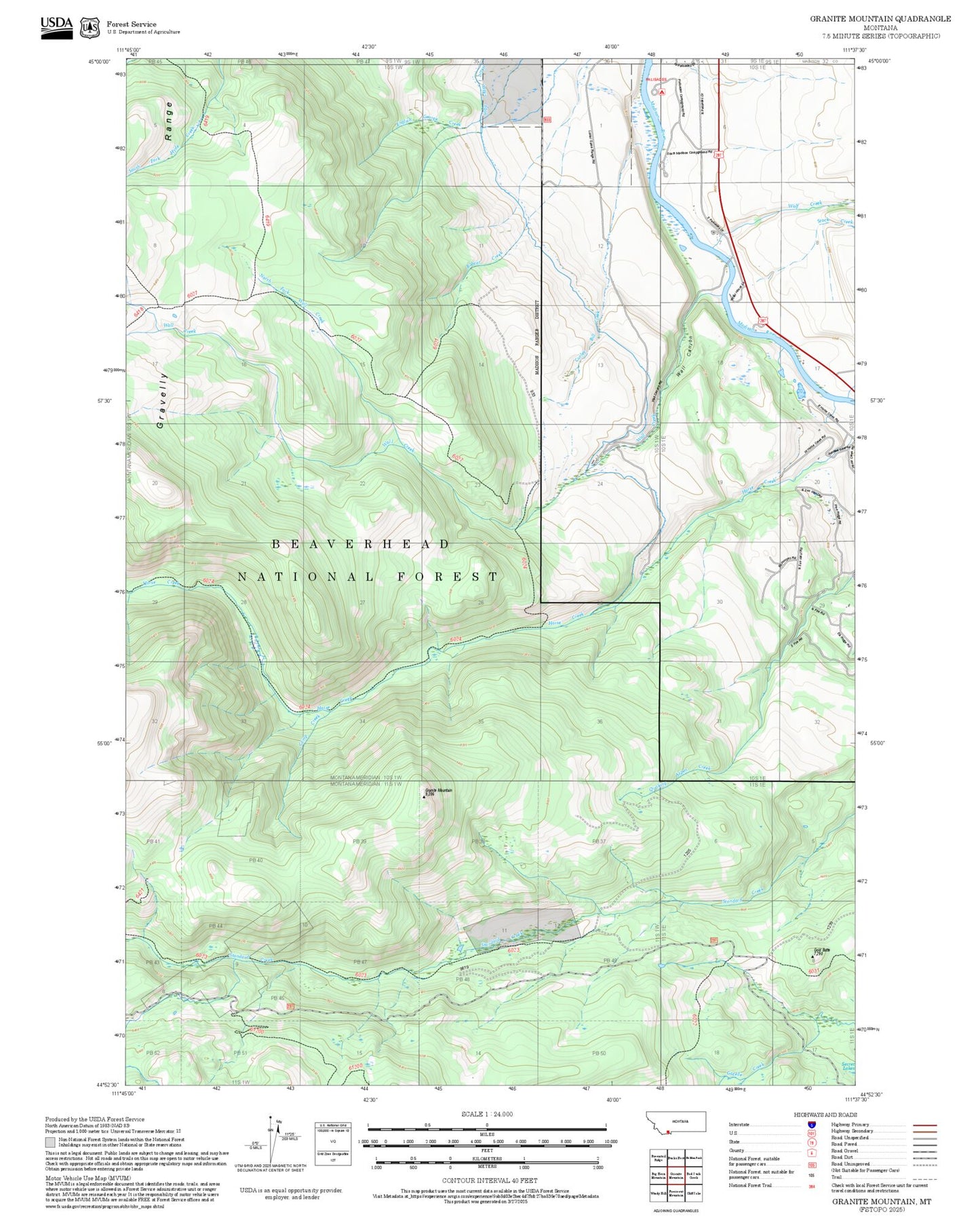 2025 Forest Service Topo Map of Granite Mountain Montana