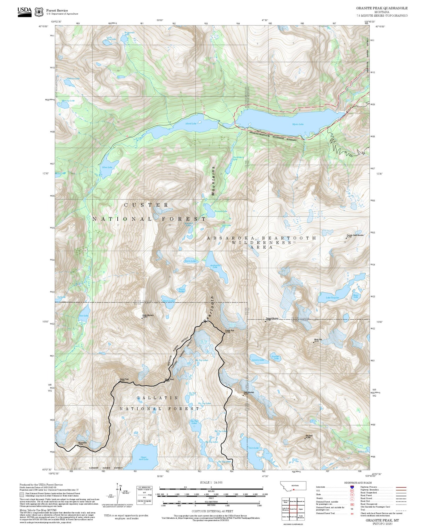 2025 Forest Service Topo Map of Granite Peak Montana
