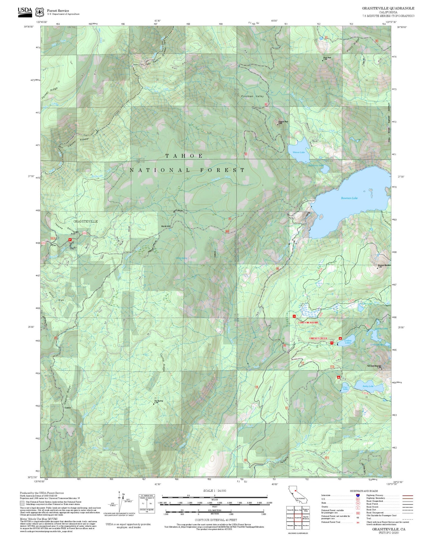 2025 Forest Service Topo Map of Graniteville California