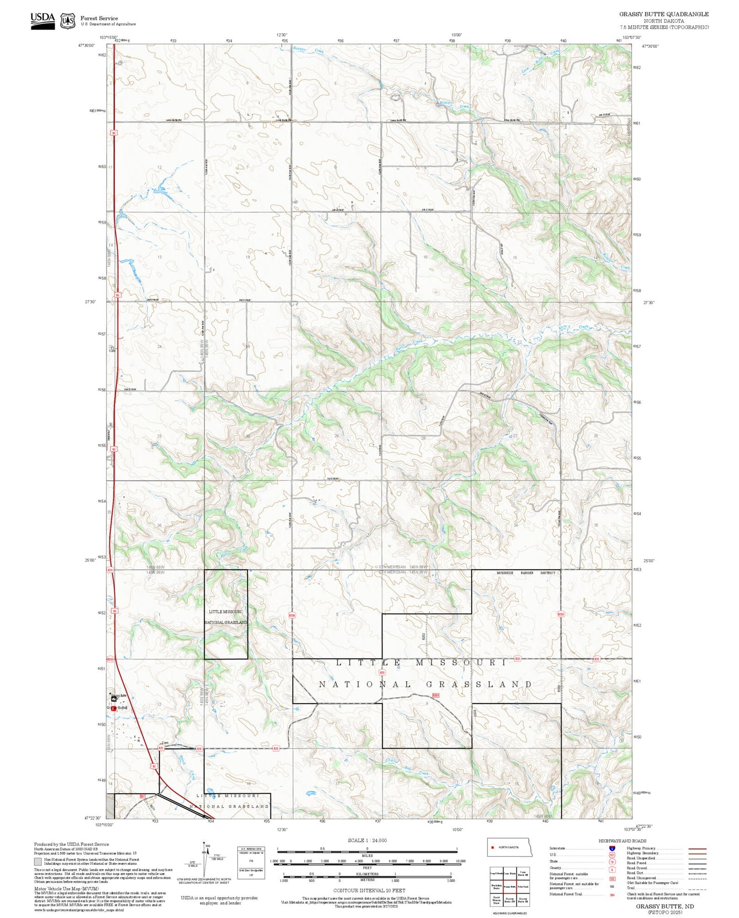 2025 Forest Service Topo Map of Grassy Butte North Dakota