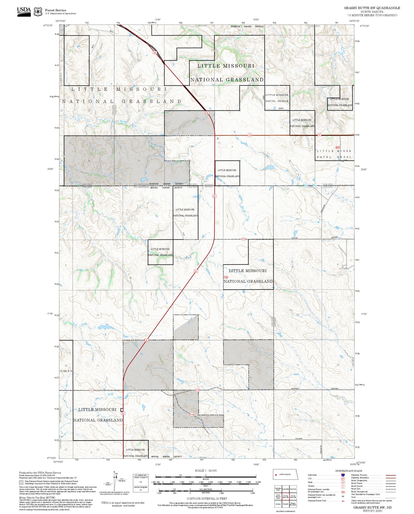2025 Forest Service Topo Map of Grassy Butte SW North Dakota