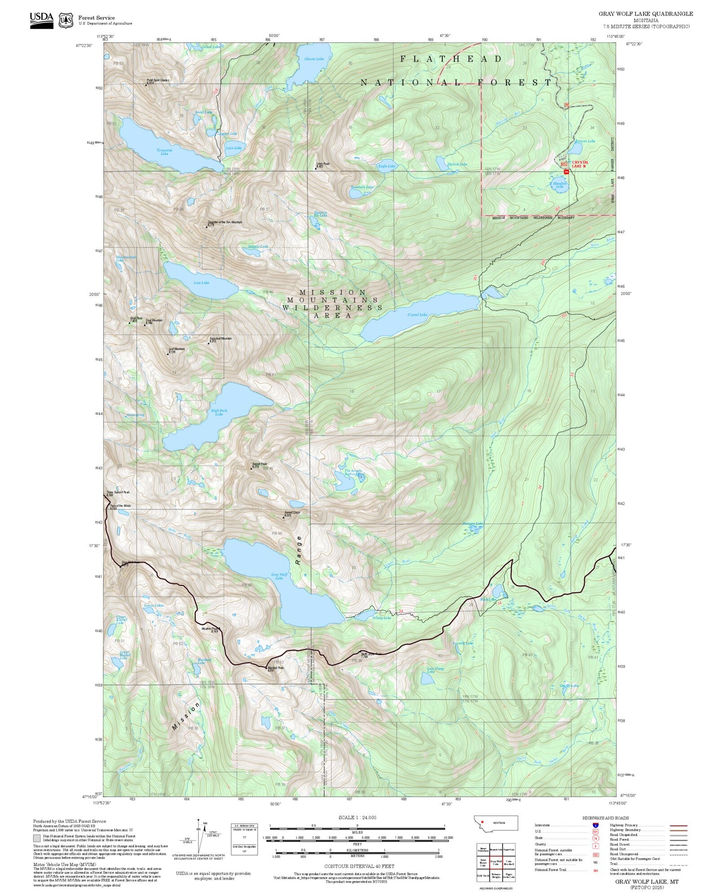 2025 Forest Service Topo Map of Gray Wolf Lake Montana