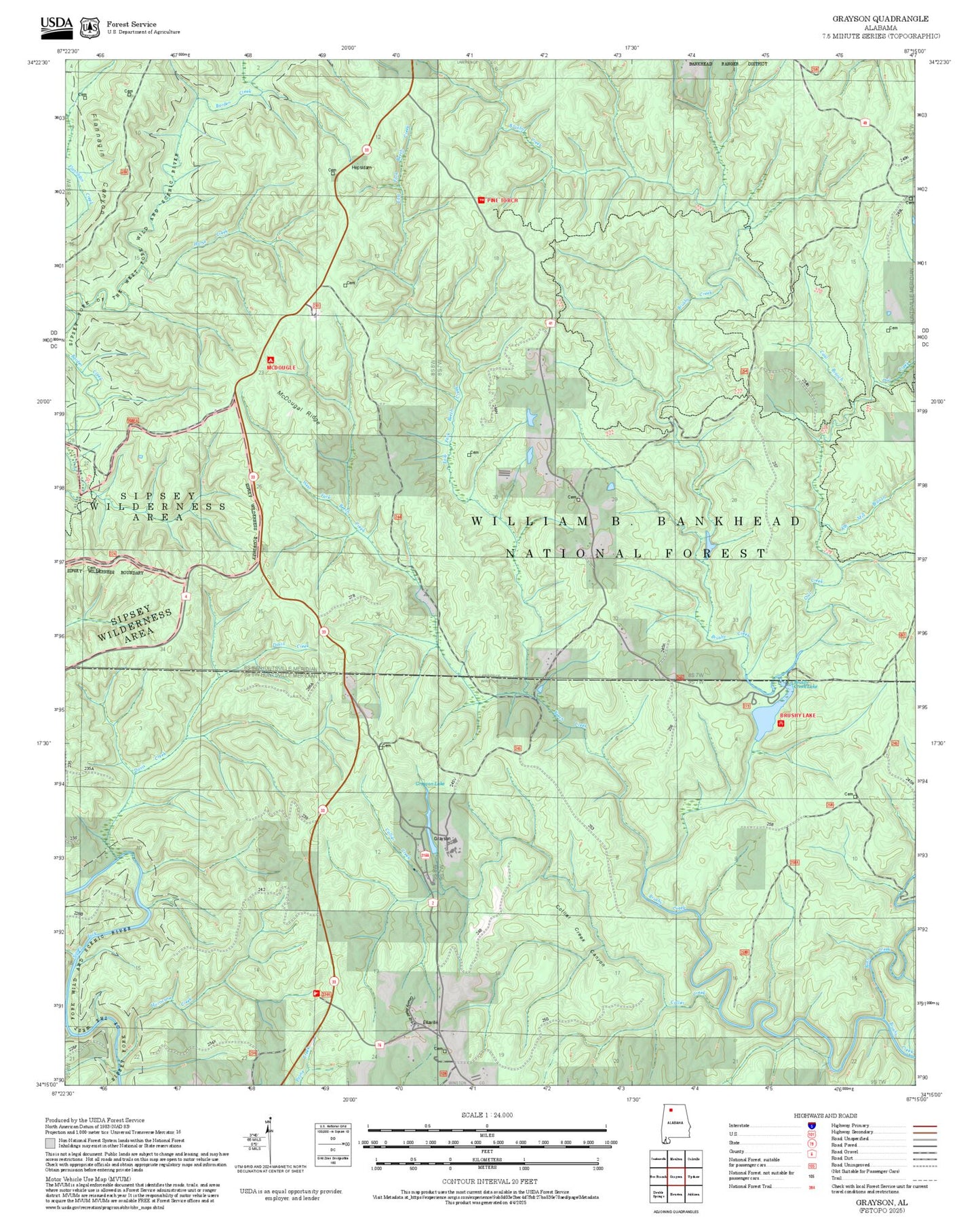 2025 Forest Service Topo Map of Grayson Alabama