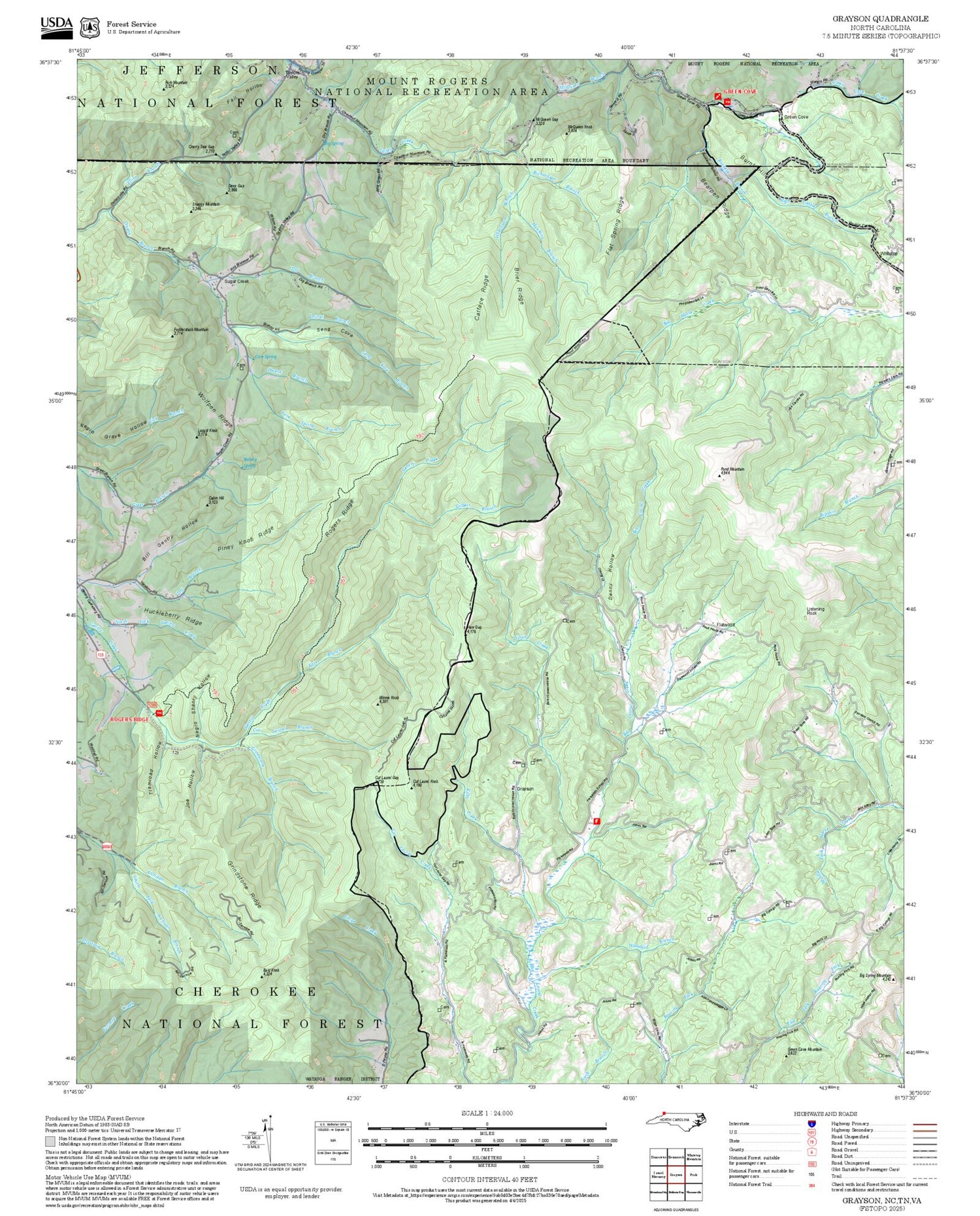 2025 Forest Service Topo Map of Grayson North Carolina
