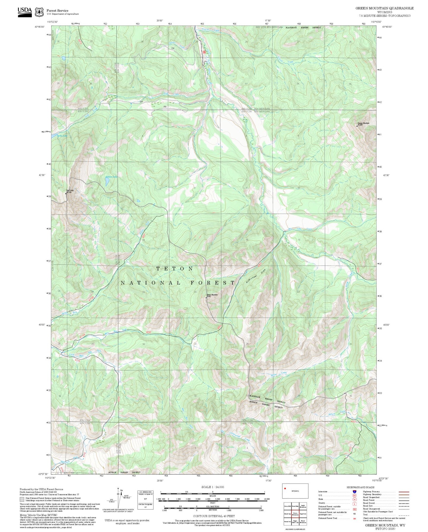 2025 Forest Service Topo Map of Green Mountain Wyoming