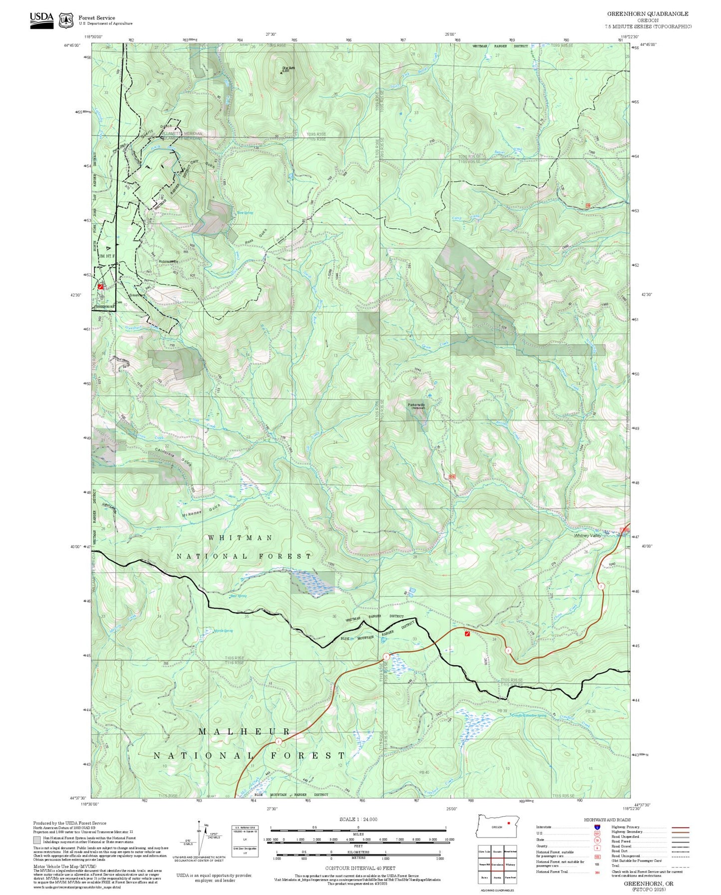 2025 Forest Service Topo Map of Greenhorn Oregon
