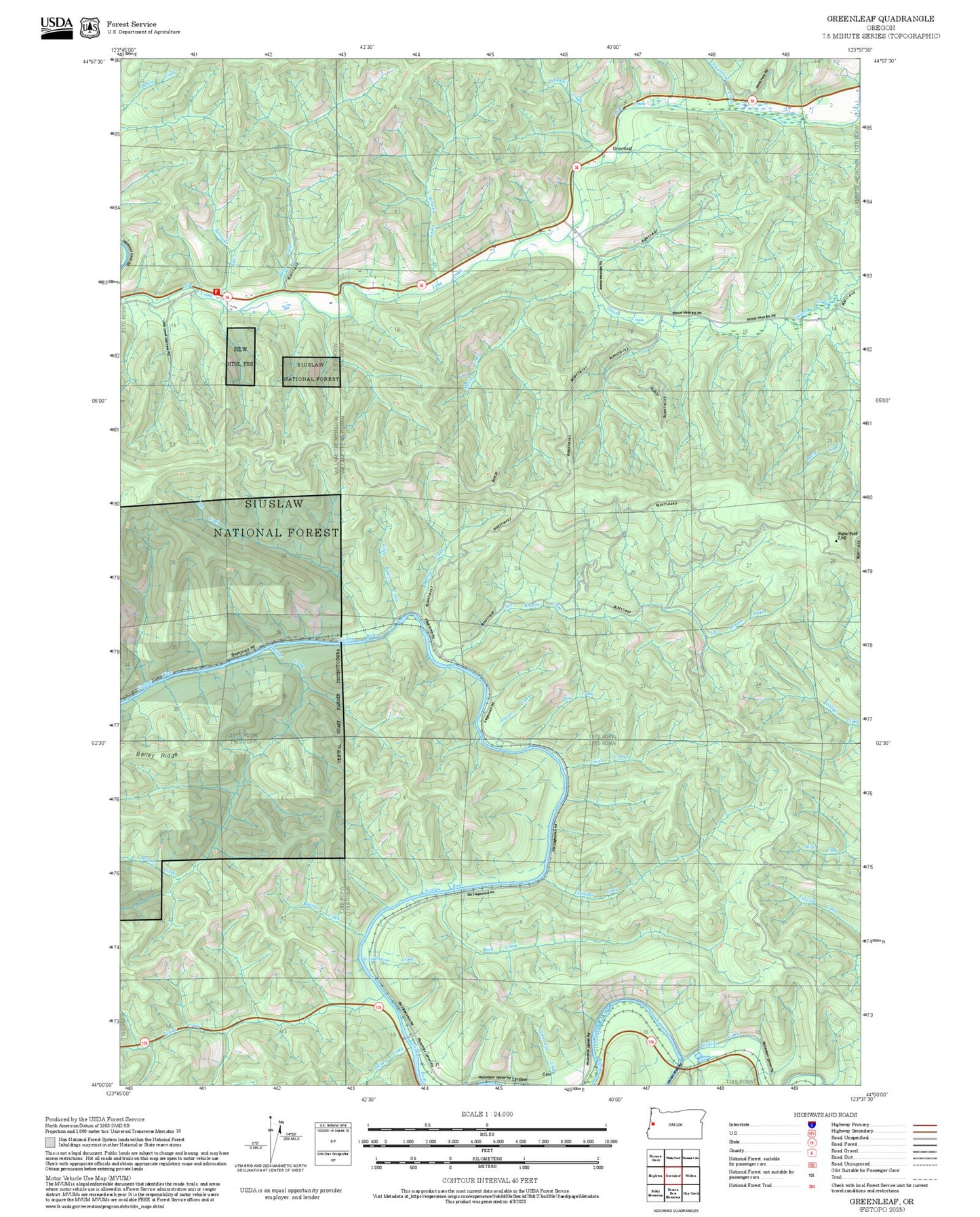 2025 Forest Service Topo Map of Greenleaf Oregon