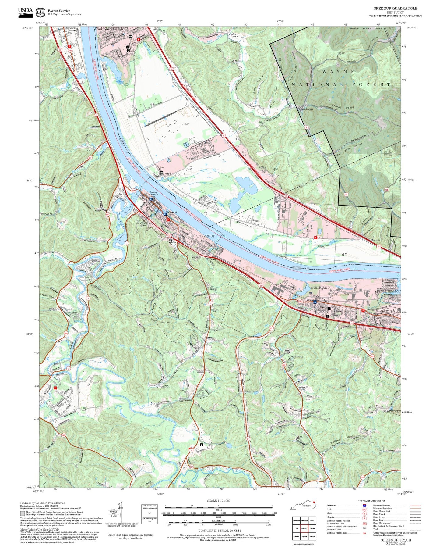 2025 Forest Service Topo Map of Greenup Kentucky