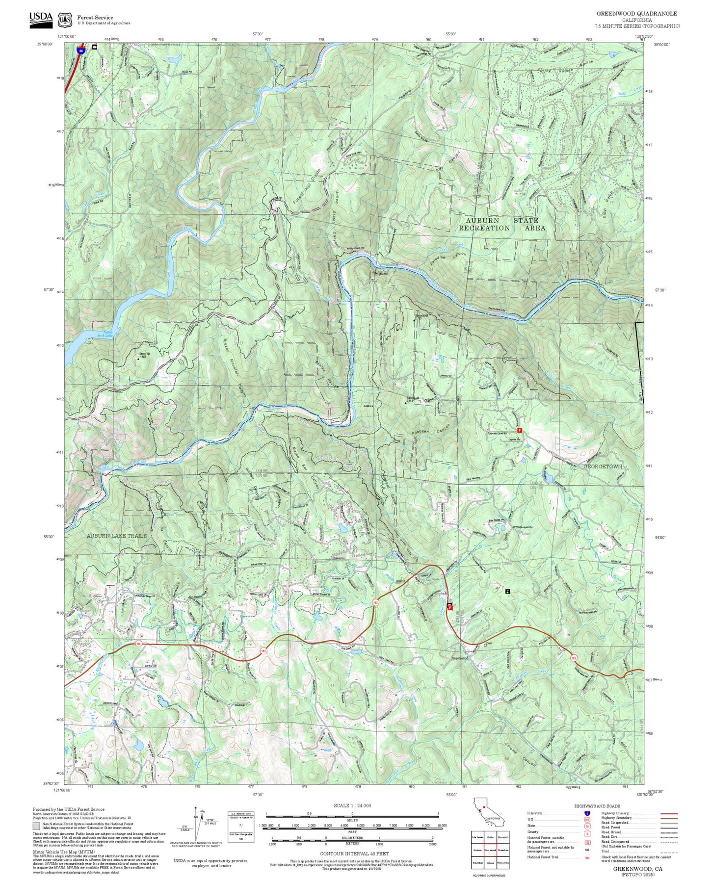 2025 Forest Service Topo Map of Greenwood California